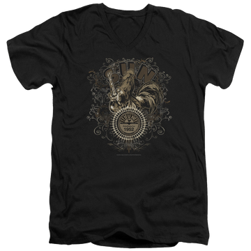 Black men's v-neck t-shirt with Sun Records Scroll Around Rooster graphic
