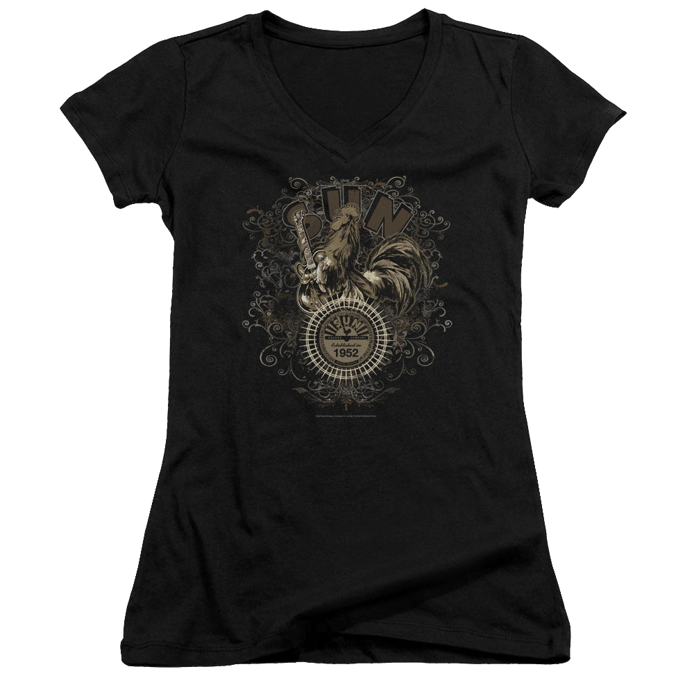 Sun Records Scroll Around Rooster - Juniors V-Neck T-Shirt Juniors V-Neck T-Shirt Sun Records   