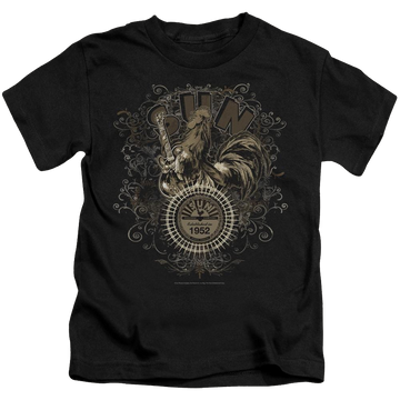Black kid's t-shirt for ages 4 to 7 with Sun Records Scroll Around Rooster graphic