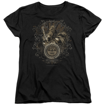Black women's t-shirt with Sun Records Scroll Around Rooster graphic