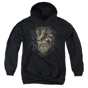 Black youth hoodie for ages 8 to 12 with Sun Records Scroll Around Rooster graphic