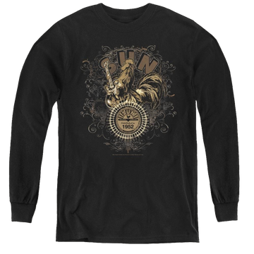 Black youth long sleeve t-shirt with Sun Records Scroll Around Rooster graphic