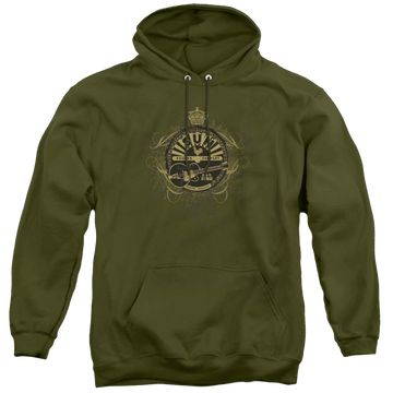 Military green pullover hoodie with Sun Records Rock Heraldry graphic