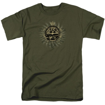 Military green men's regular fit t-shirt with Sun Records Rock Heraldry graphic