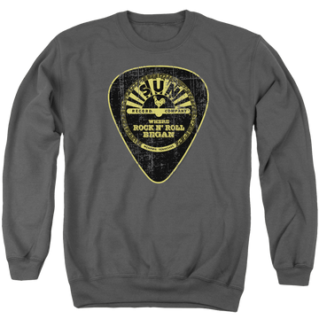 Charcoal men's crewneck sweatshirt with Sun Records Guitar Pick graphic
