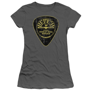 Charcoal juniors t-shirt with Sun Records Guitar Pick graphic