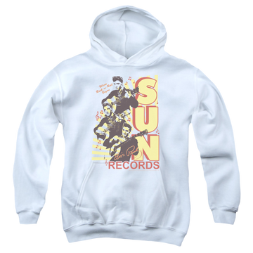 White youth hoodie for ages 8 to 12 with Elvis Presley Tri Elvis graphic