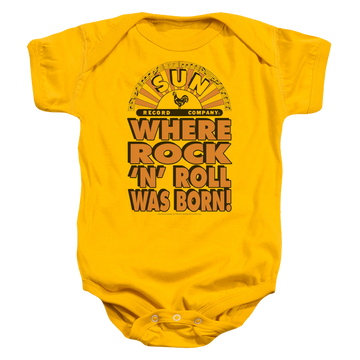 Gold baby bodysuit with Sun Records Where Rock Was Born graphic