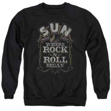 Black men's crewneck sweatshirt with Sun Records Where Rock Began graphic