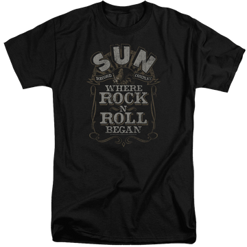 Black men's tall fit t-shirt with Sun Records Where Rock Began graphic