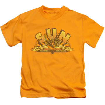 Gold kid's t-shirt for ages 4 to 7 with Sun Records Rockin Rooster Logo graphic