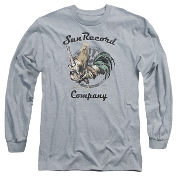 Athletic heather men's long sleeve t-shirt with Sun Records Rockin Rooster Logo graphic