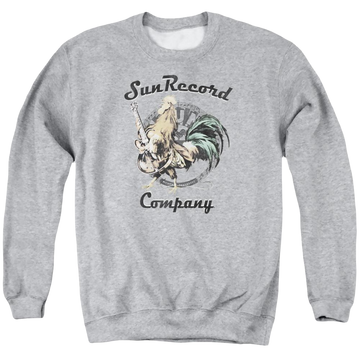 Athletic heather men's crewneck sweatshirt with Sun Records Rockin Rooster Logo graphic