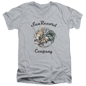 Athletic heather men's v-neck t-shirt with Sun Records Rockin Rooster Logo graphic