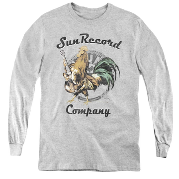 Athletic heather youth long sleeve t-shirt with Sun Records Rockin Rooster Logo graphic