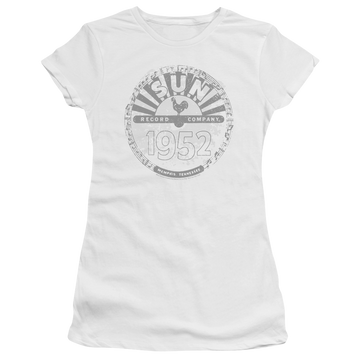 White juniors t-shirt with Sun Records Crusty Logo graphic