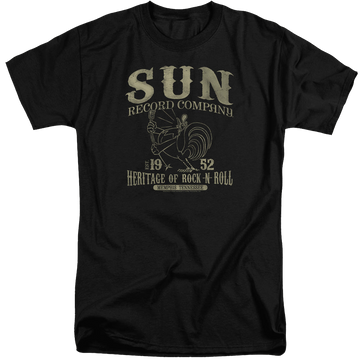 Black men's tall fit t-shirt with Sun Records Rockabilly Bird graphic