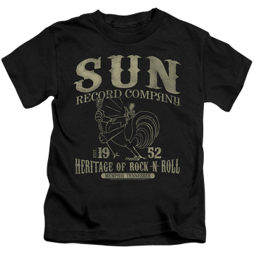 Black kid's t-shirt for ages 4 to 7 with Sun Records Rockabilly Bird graphic