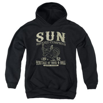 Black youth hoodie for ages 8 to 12 with Sun Records Rockabilly Bird graphic