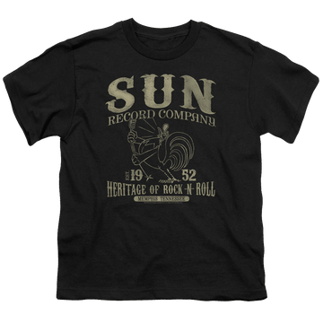 Black youth t-shirt for ages 8 to 12 with Sun Records Rockabilly Bird graphic