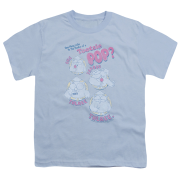 Light blue youth t-shirt for ages 8 to 12 with Tootsie Roll Tootsie Pop Three graphic