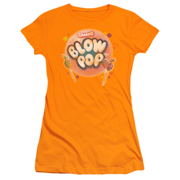 Orange juniors t-shirt with Blow Pop Bubble graphic