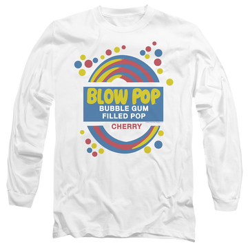 White men's long sleeve t-shirt with Blow Pop Label graphic