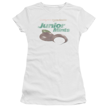 White juniors t-shirt with Junior Mints Logo graphic