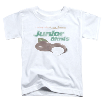White kid's t-shirt for ages 4 to 7 with Junior Mints Logo graphic