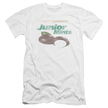 White men's premium slim fit t-shirt with Junior Mints Logo graphic