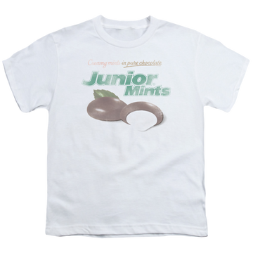 White youth t-shirt for ages 8 to 12 with Junior Mints Logo graphic