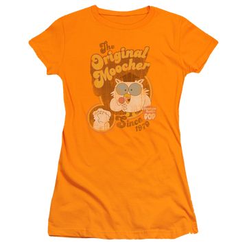 Orange juniors t-shirt with Tootsie Roll Tootsie Pop Original Moocher graphic