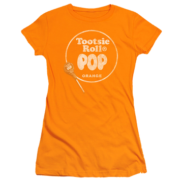Orange juniors t-shirt with Tootsie Roll Tootsie Pop Pop Logo graphic