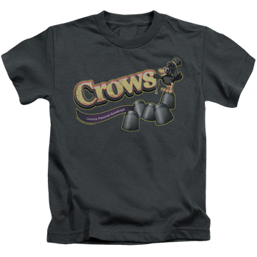 Charcoal kid's t-shirt for ages 4 to 7 with Tootsie Roll Crows graphic