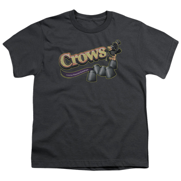 Charcoal youth t-shirt for ages 8 to 12 with Tootsie Roll Crows graphic