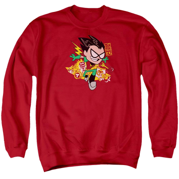 Red men's crewneck sweatshirt with Teen Titans Go! Teen Titans Go Robin graphic