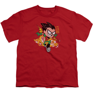 Red youth t-shirt for ages 8 to 12 with Teen Titans Go! Robin graphic