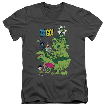 Charcoal men's v-neck t-shirt with Teen Titans Go! Teen Titans Go Beast Boy Stack graphic