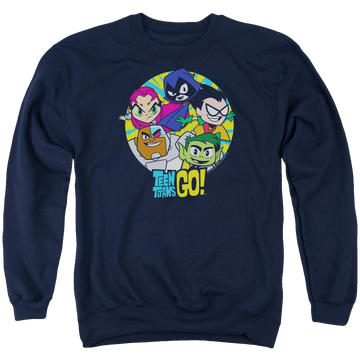 Navy men's crewneck sweatshirt with Teen Titans Go! Teen Titans Go Go Go Group graphic
