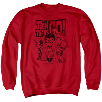 Red men's crewneck sweatshirt with Teen Titans Go! Teen Titans Go Team Up graphic