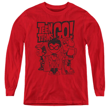 Red youth long sleeve t-shirt with Teen Titans Go! Team Up graphic