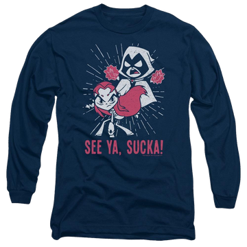 Navy men's long sleeve t-shirt with Teen Titans Go! Teen Titans Go Suckas graphic
