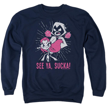 Navy men's crewneck sweatshirt with Teen Titans Go! Teen Titans Go Suckas graphic