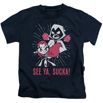 Navy kid's t-shirt for ages 4 to 7 with Teen Titans Go! Suckas graphic