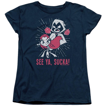Navy women's t-shirt with Teen Titans Go! Teen Titans Go Suckas graphic