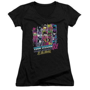 Black juniors v-neck t-shirt with Teen Titans Go! Teen Titans Go To The Movies graphic