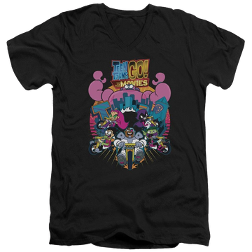 Black men's v-neck t-shirt with Teen Titans Go! Teen Titans Go Burst Through graphic