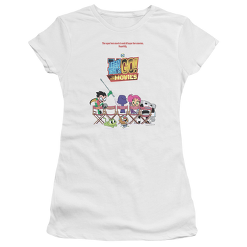 White juniors t-shirt with Teen Titans Go! Teen Titans Go Poster graphic