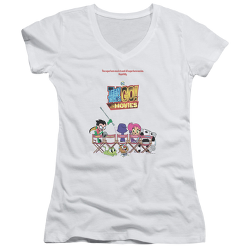 White juniors v-neck t-shirt with Teen Titans Go! Teen Titans Go Poster graphic