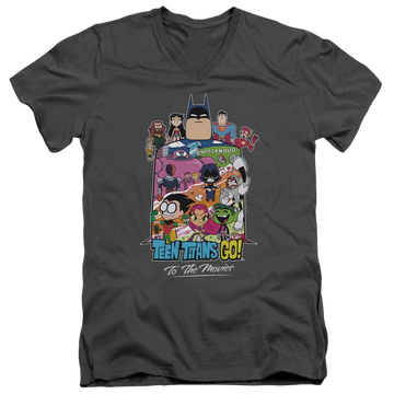 Charcoal men's v-neck t-shirt with Teen Titans Go! Teen Titans Go Hollywood graphic